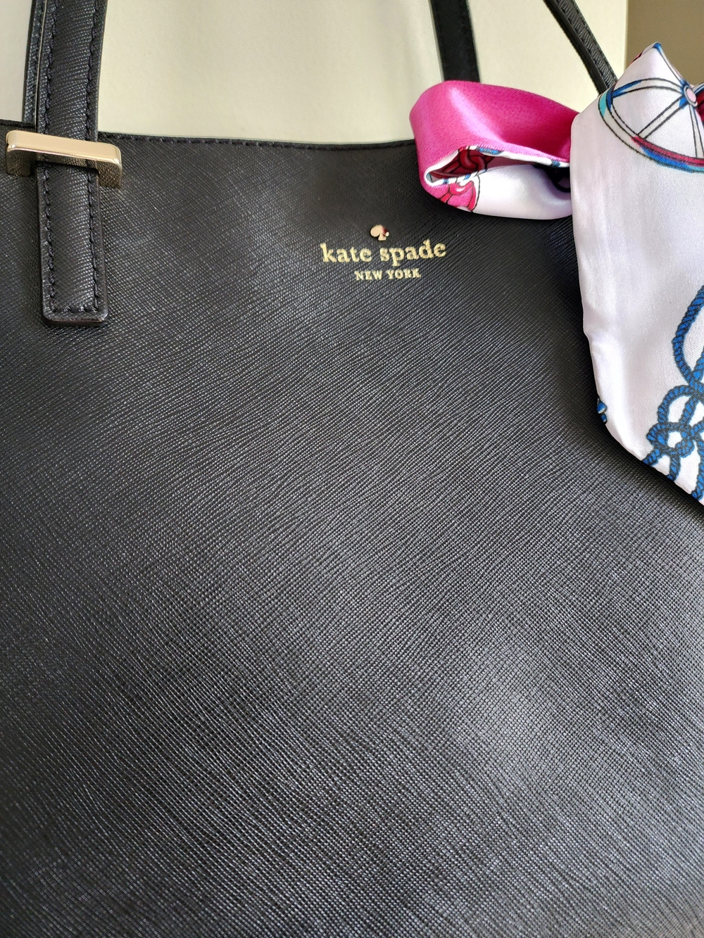 Kate spade Black Saffiano Leather Tote with Pink Scarf Accent - Picture 2 of 5